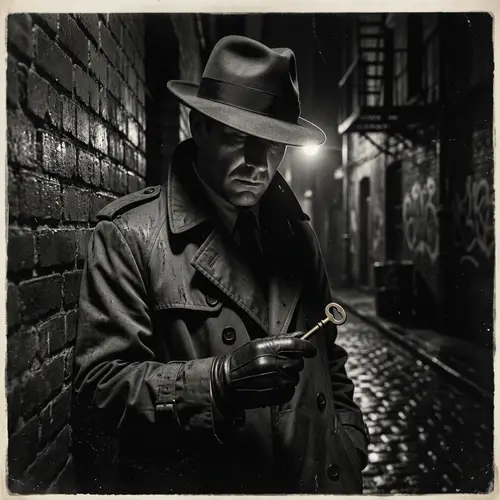 Vintage Film Noir Style Photograph with Mysterious Figure Holding Key