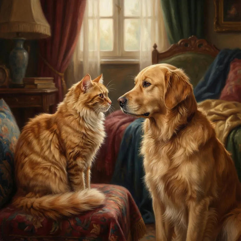 Classical Oil Painting of Cat and Dog | Rembrandt Inspired