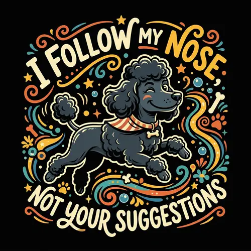 Whimsical Vector Illustration of Mischievous Poodle on Black Background