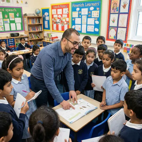 Dedicated Primary School Teacher Instructing Multicultural Students