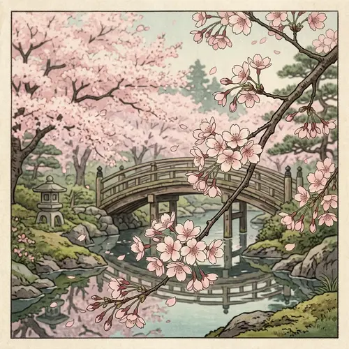 Tranquil Cherry Blossom Scene in Traditional Japanese Garden