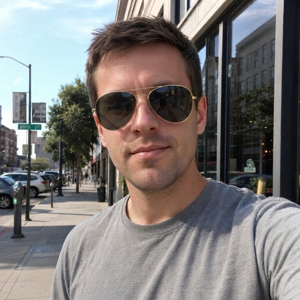 Same selfie after AI added realistic aviator sunglasses matching the scene lighting