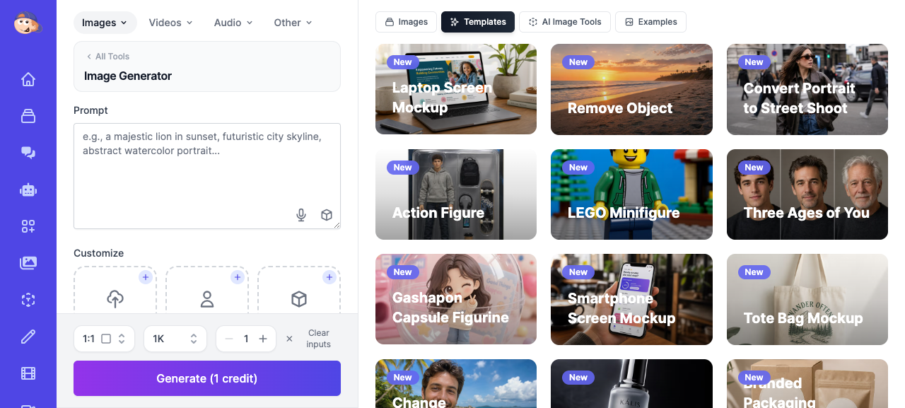 Easy-Peasy.AI Image Generator interface with prompt box, photo upload slots, and one-click templates for editing photos