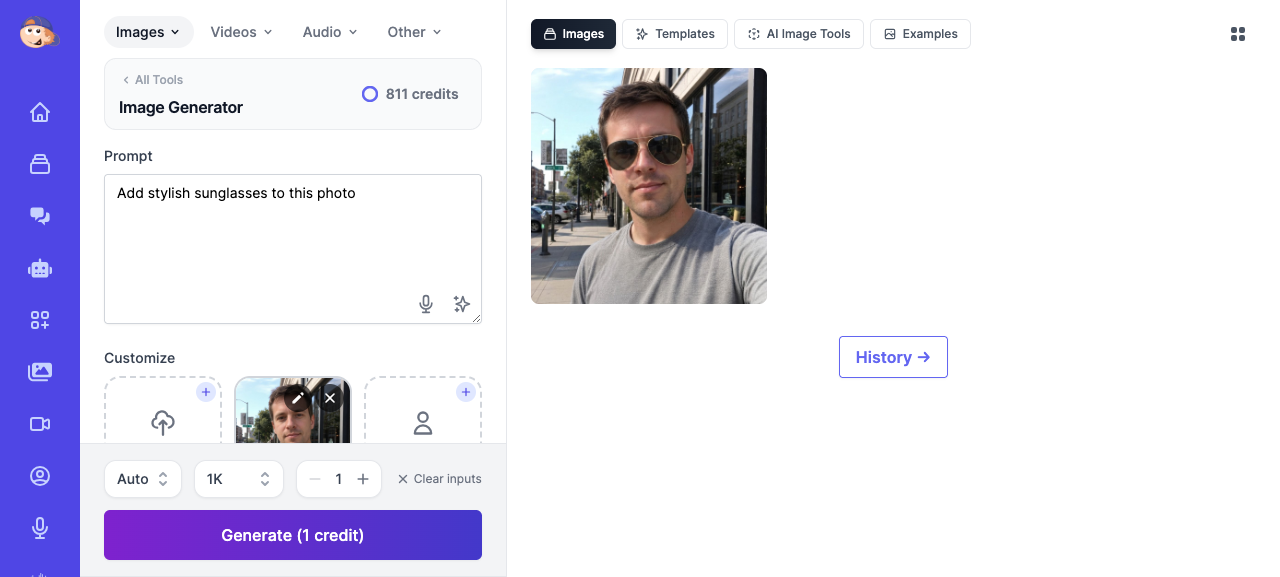 AI-edited result in Easy-Peasy.AI showing the same selfie now wearing aviator sunglasses