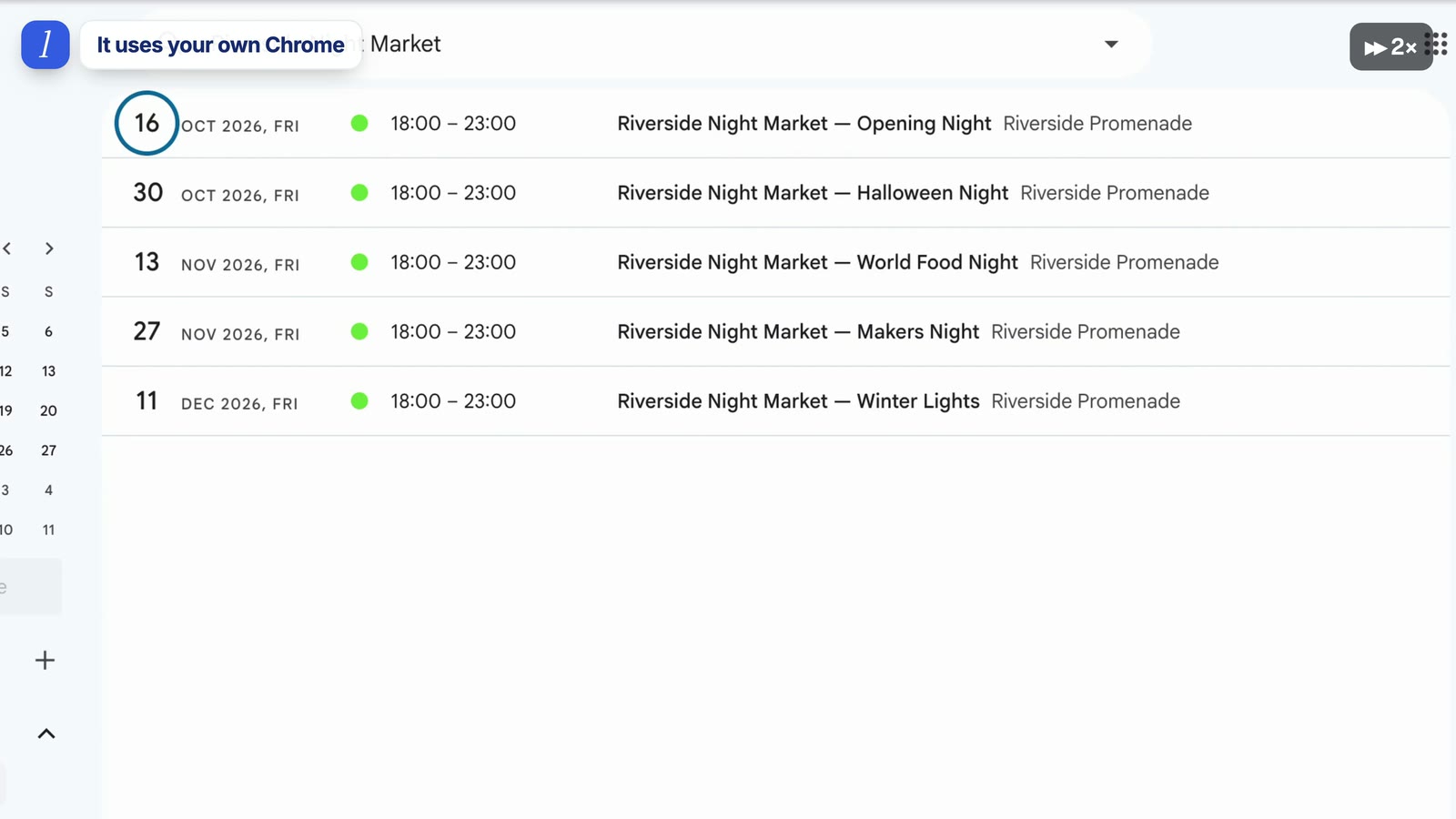AI agent example: five market dates added to Google Calendar by Marky in the user's own Chrome