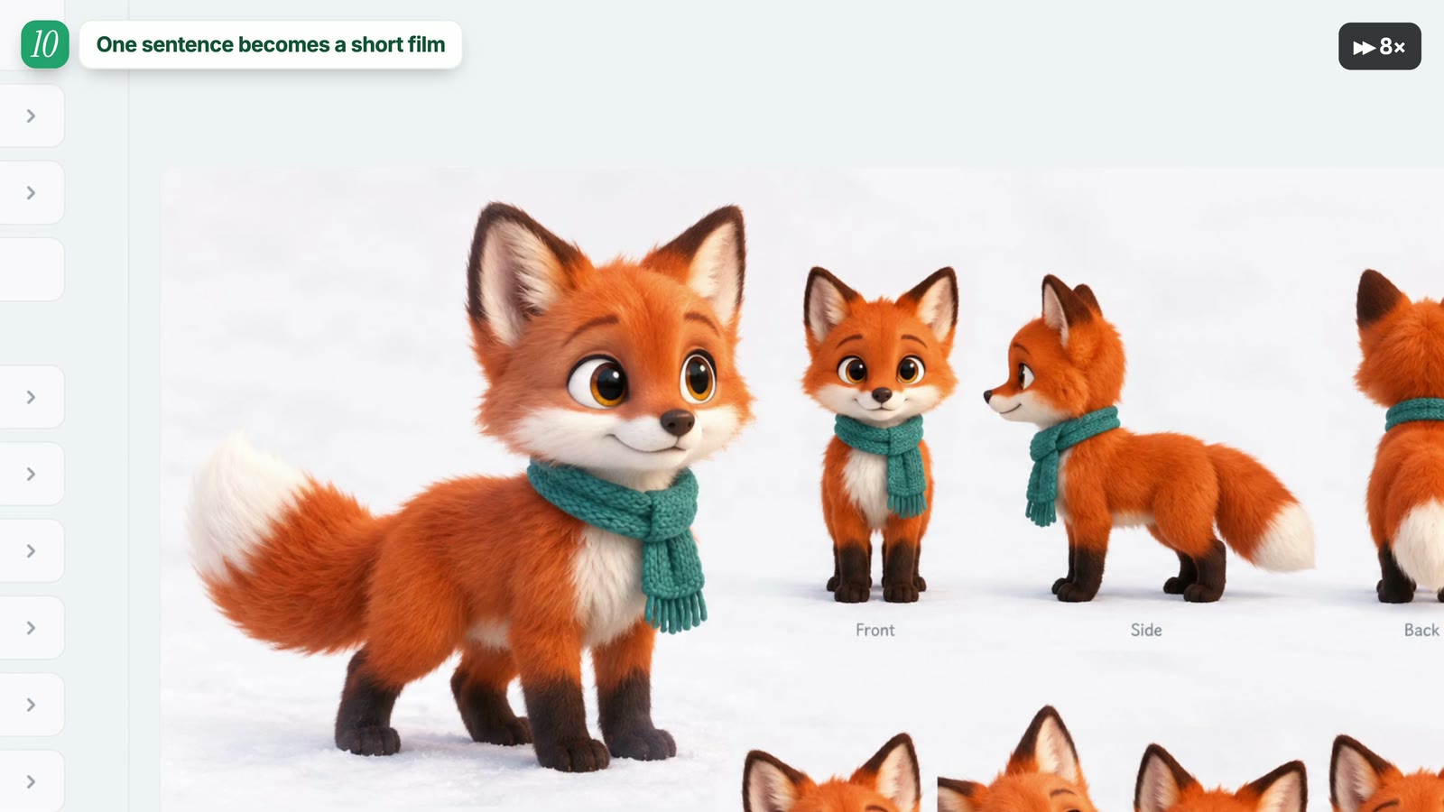 Character sheet of a cartoon fox that an AI agent made to keep the character consistent