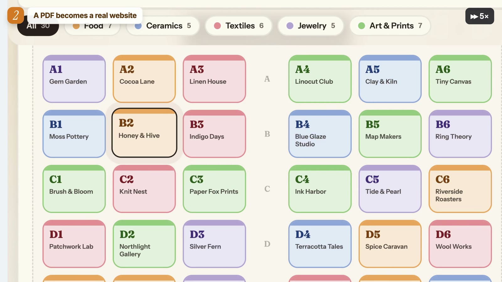Interactive booth map website built by an AI agent from a PDF floor plan