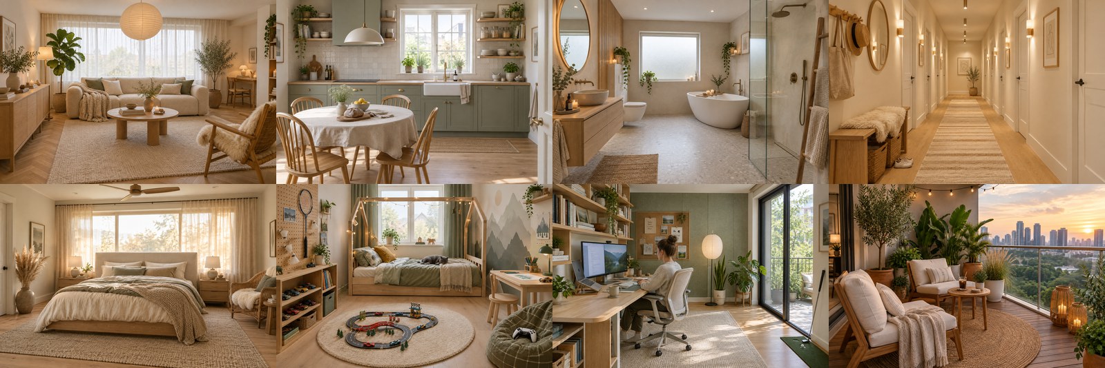 Eight Nordic-style rooms designed by an AI agent from one apartment floor plan