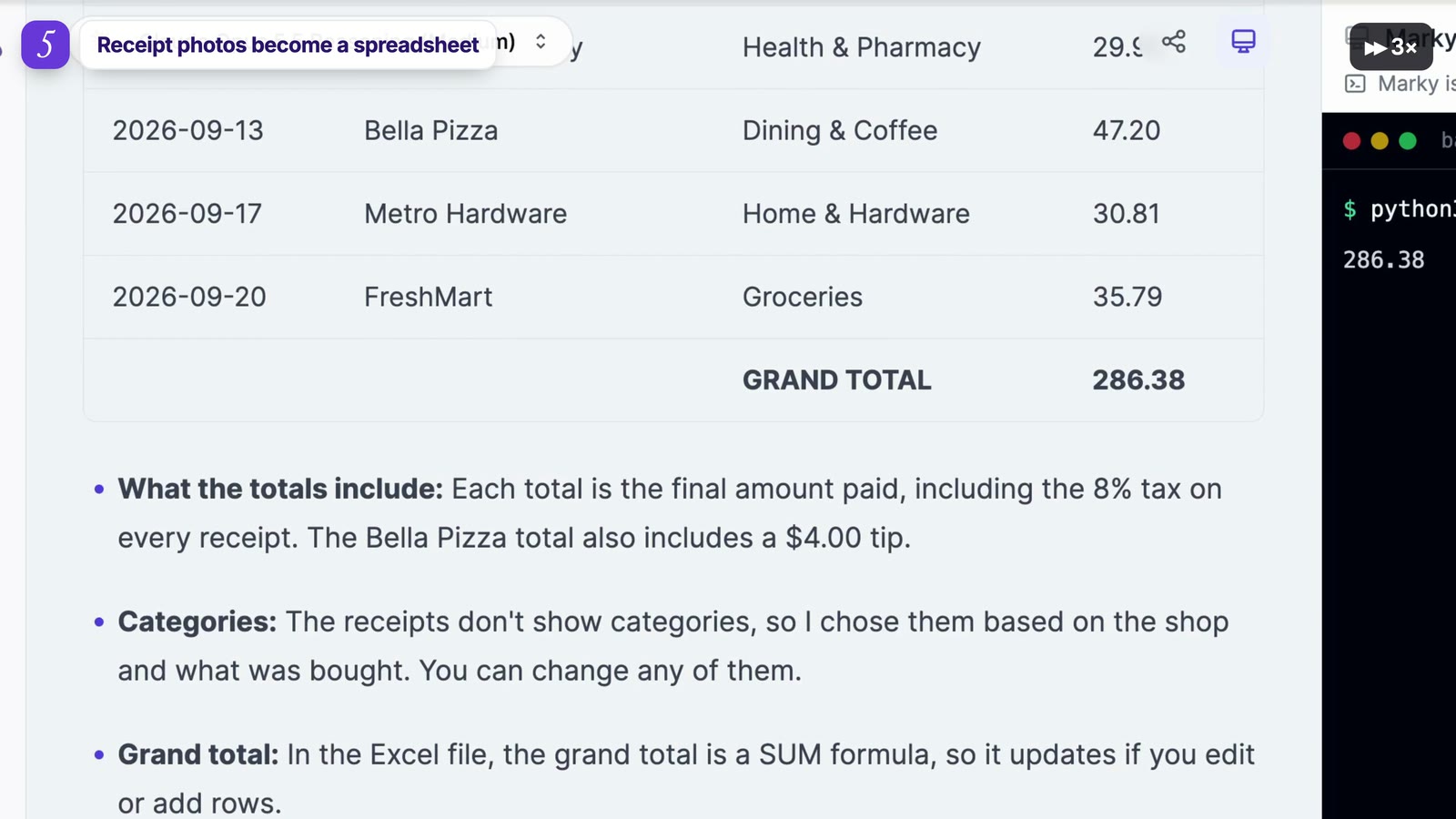 AI agent turning receipt photos into a spreadsheet with categories and a grand total