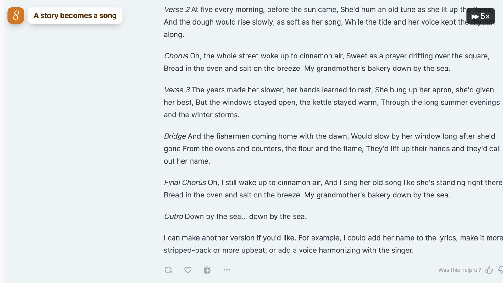 Song lyrics written by an AI agent from a short family story