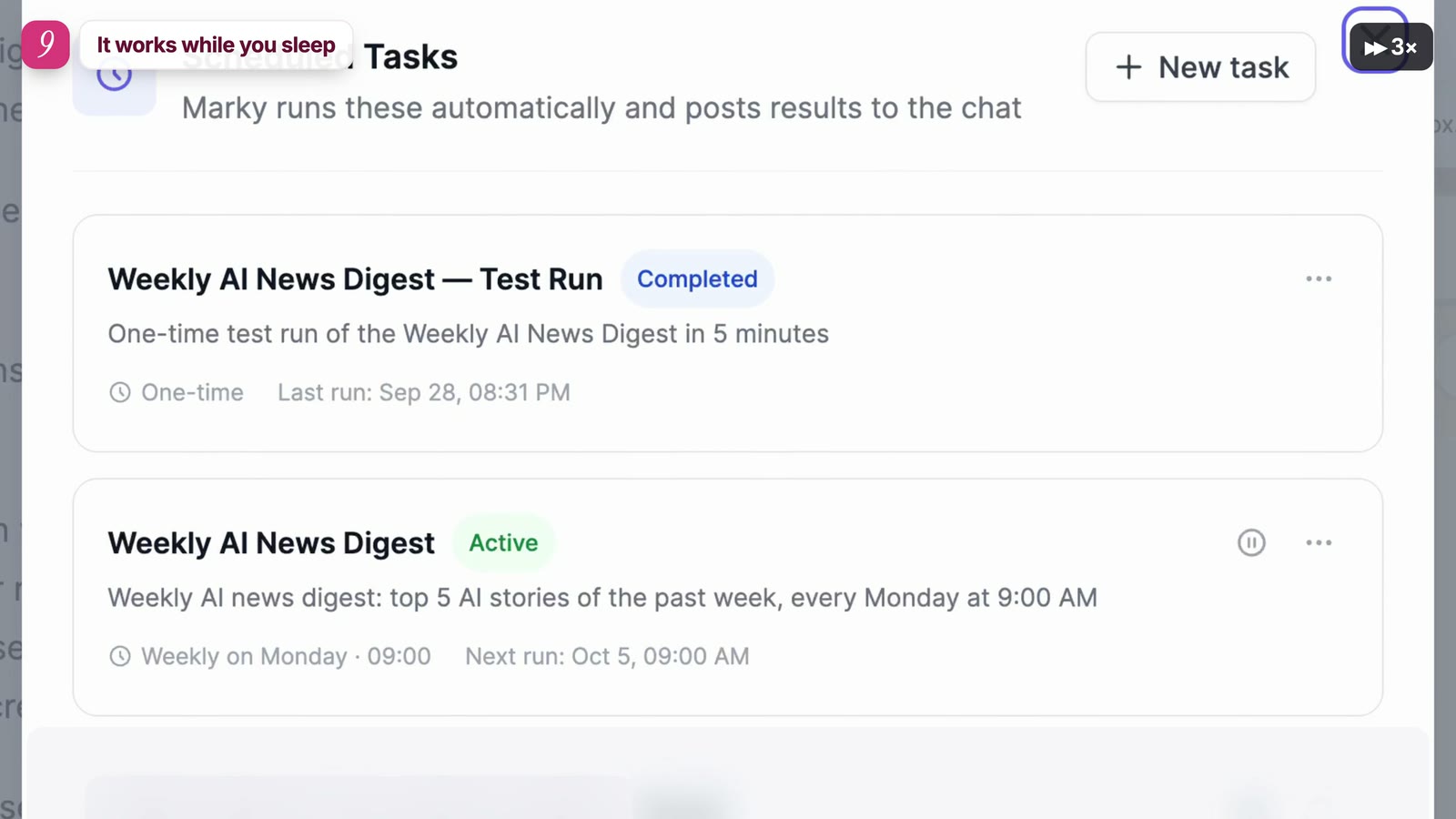 Scheduled tasks list with a weekly AI news digest set up by an AI agent