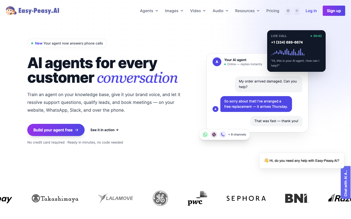 Easy-Peasy.AI agents for real estate answering customer conversations on website, WhatsApp and phone
