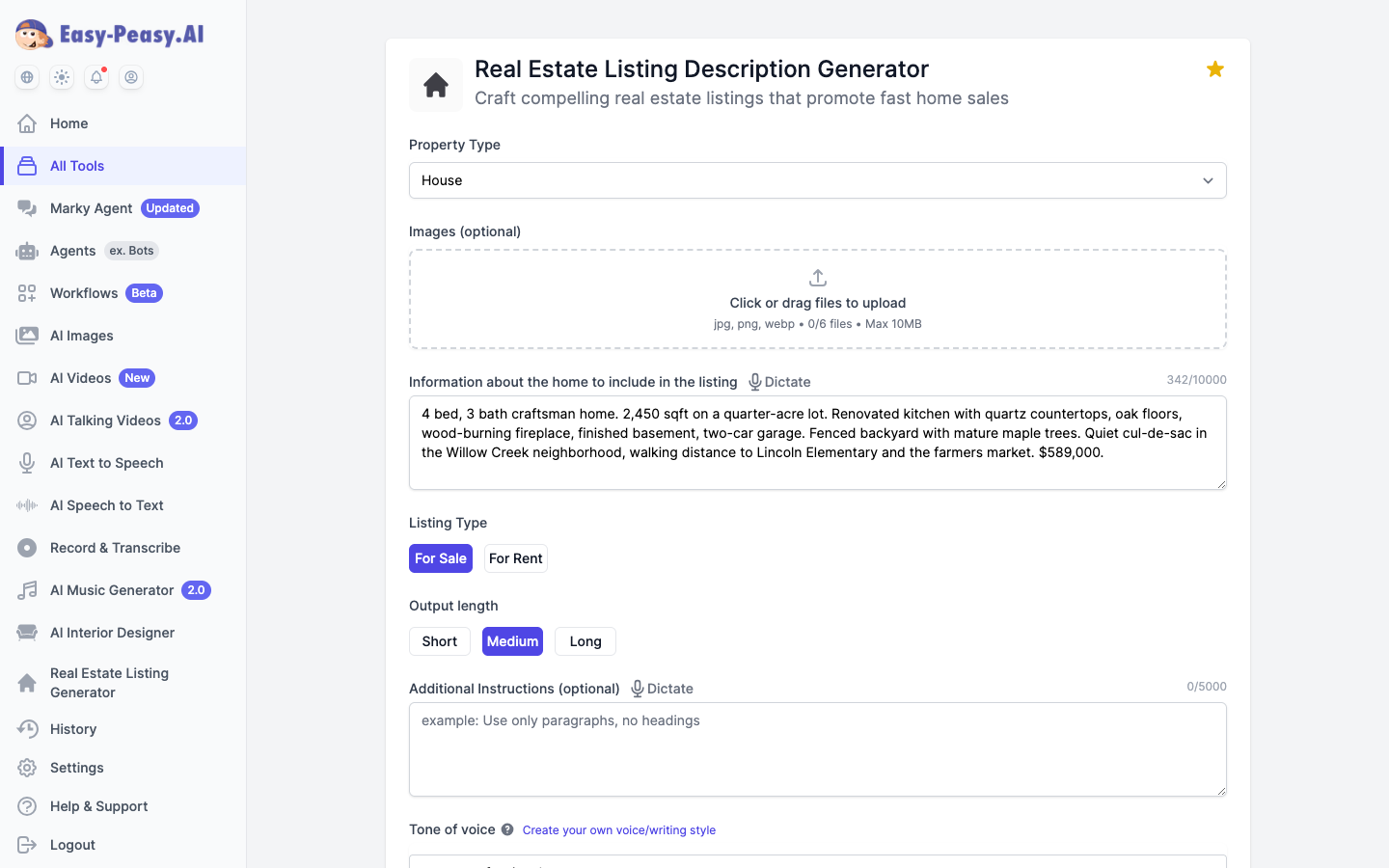 Real Estate Listing Description Generator form filled with property details for a 4-bed craftsman home