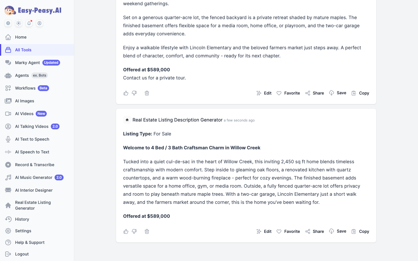 AI-generated real estate listing description for a craftsman home in Willow Creek