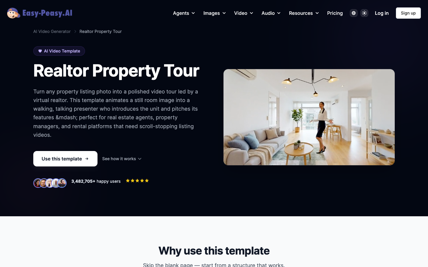 Realtor Property Tour AI video template with a virtual presenter walking through a staged apartment