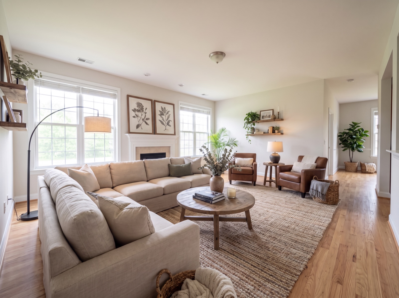 Same living room after AI virtual staging with farmhouse furniture and decor