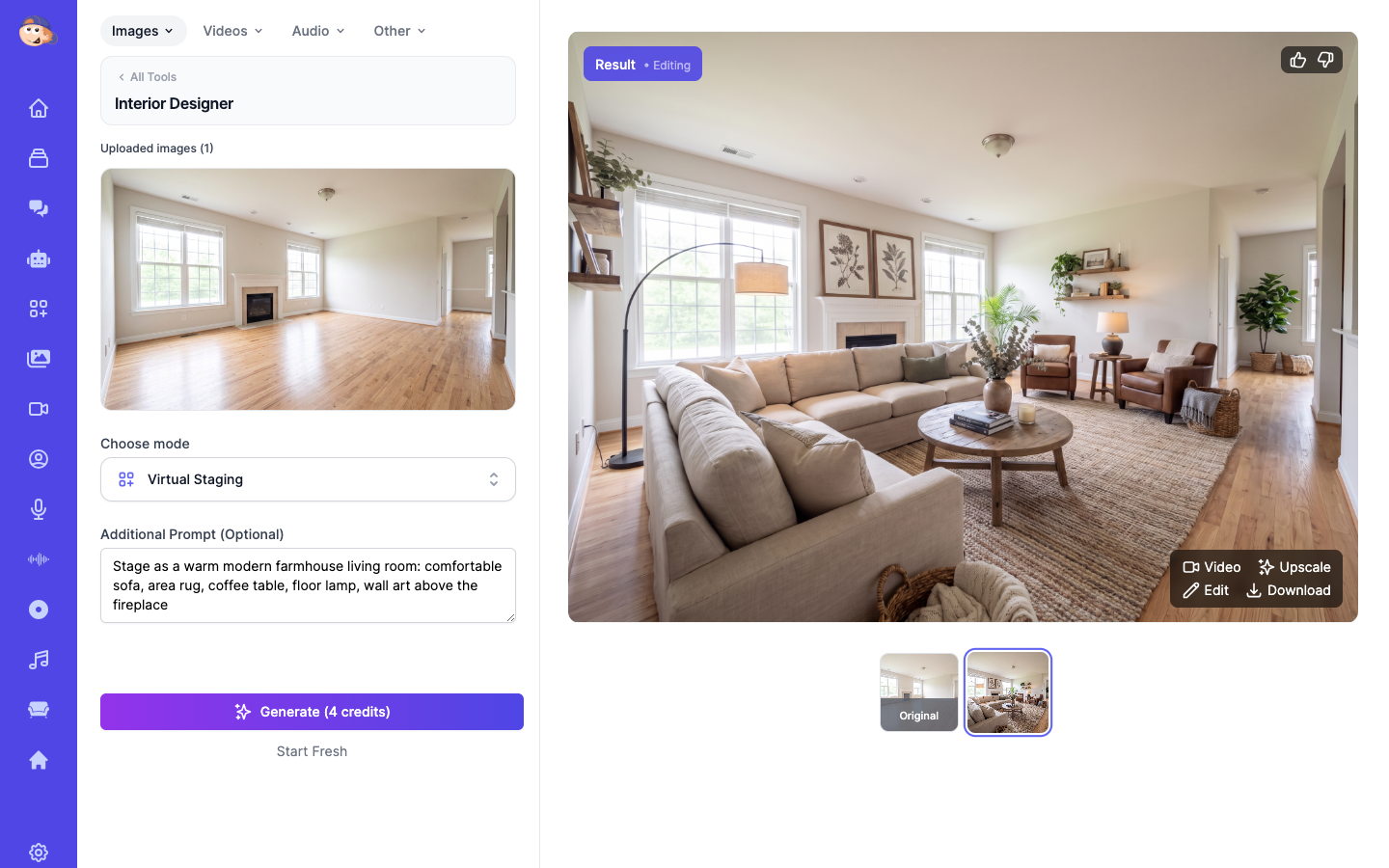 AI Interior Design Generator showing virtual staging mode with before and after of an empty room