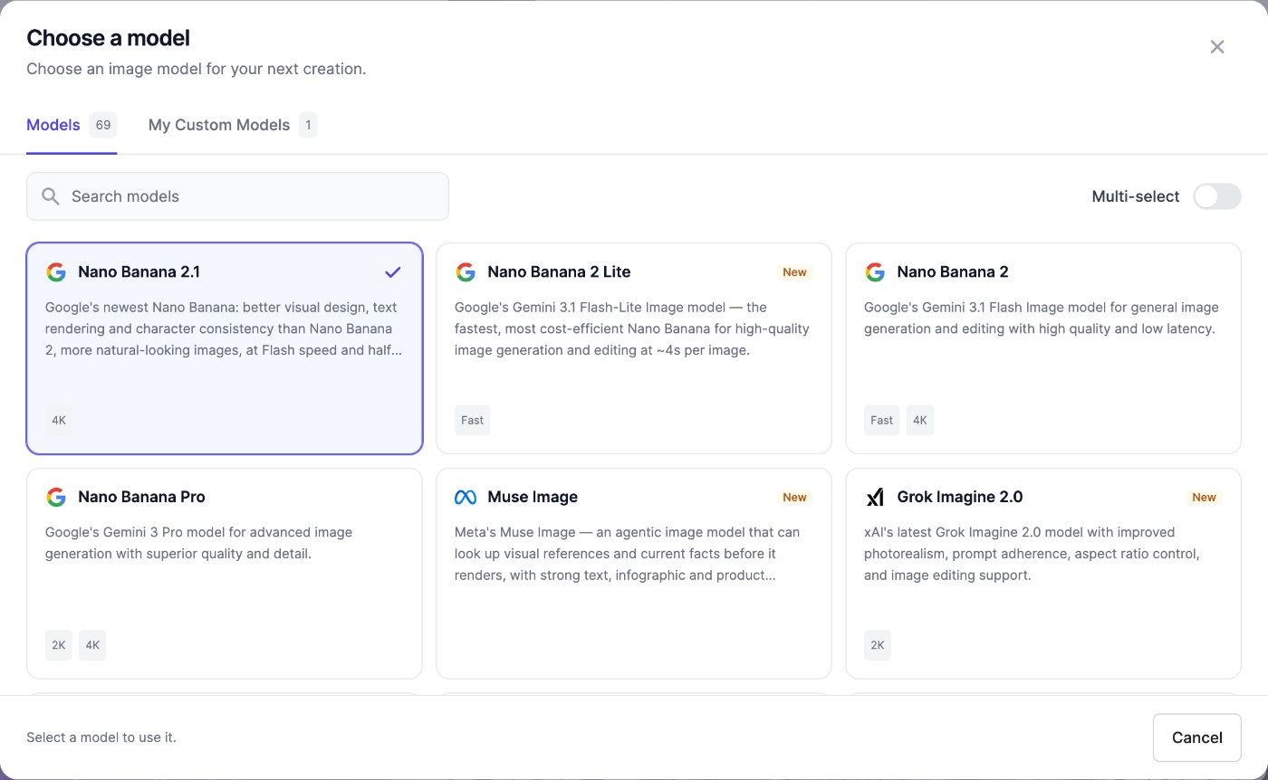 Choose a model window in the AI Image Generator with a model search box, the Multi-select switch and cards for Nano Banana 2.1, Nano Banana Pro, Muse Image and Grok Imagine 2.0