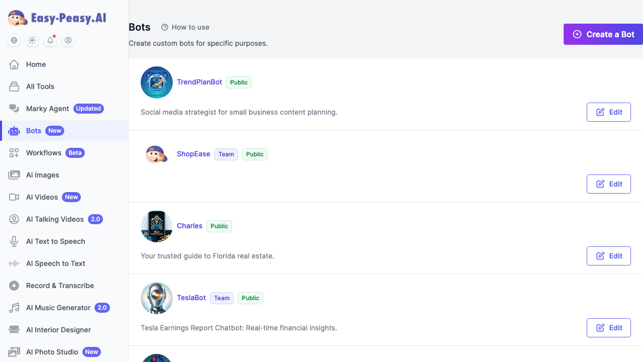 Bots dashboard showing a list of custom chatbots including TrendPlanBot, ShopEase with Team badge, Charles, and TeslaBot with Edit buttons