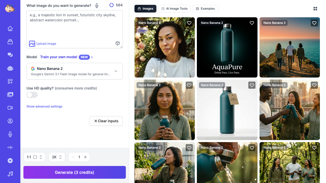 AI Image Generator dashboard showing the prompt input, model selector with Nano Banana 2 selected, and a gallery of generated images