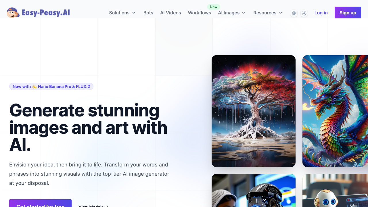 AI Image Generator landing page showing Generate stunning images and art with AI headline with example generated images