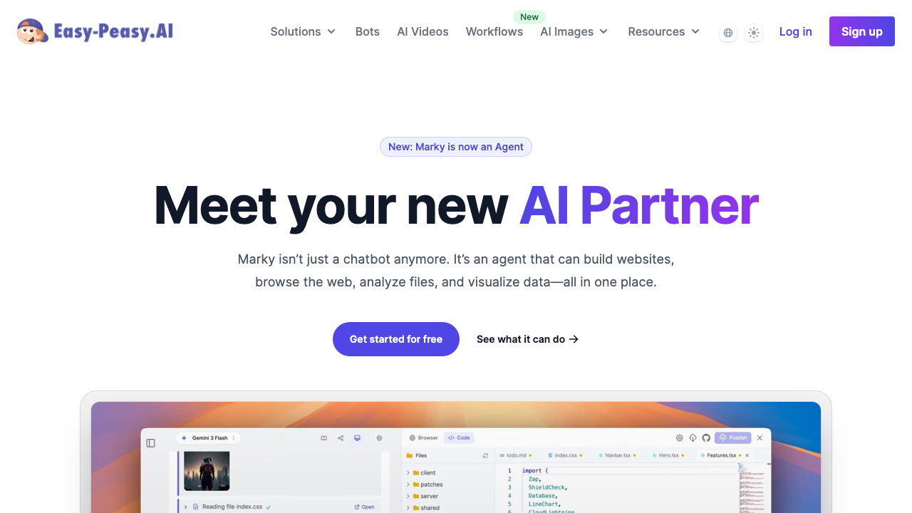 Marky AI Agent landing page showing the headline Meet your new AI Partner with a preview of the chat interface