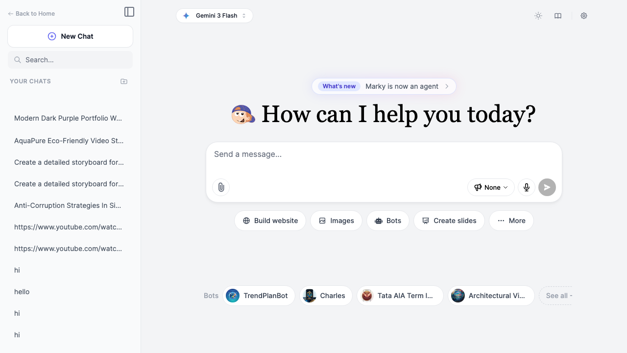 Marky Agent chat interface showing the welcome screen with quick action buttons for Build website, Images, Bots, and Create slides
