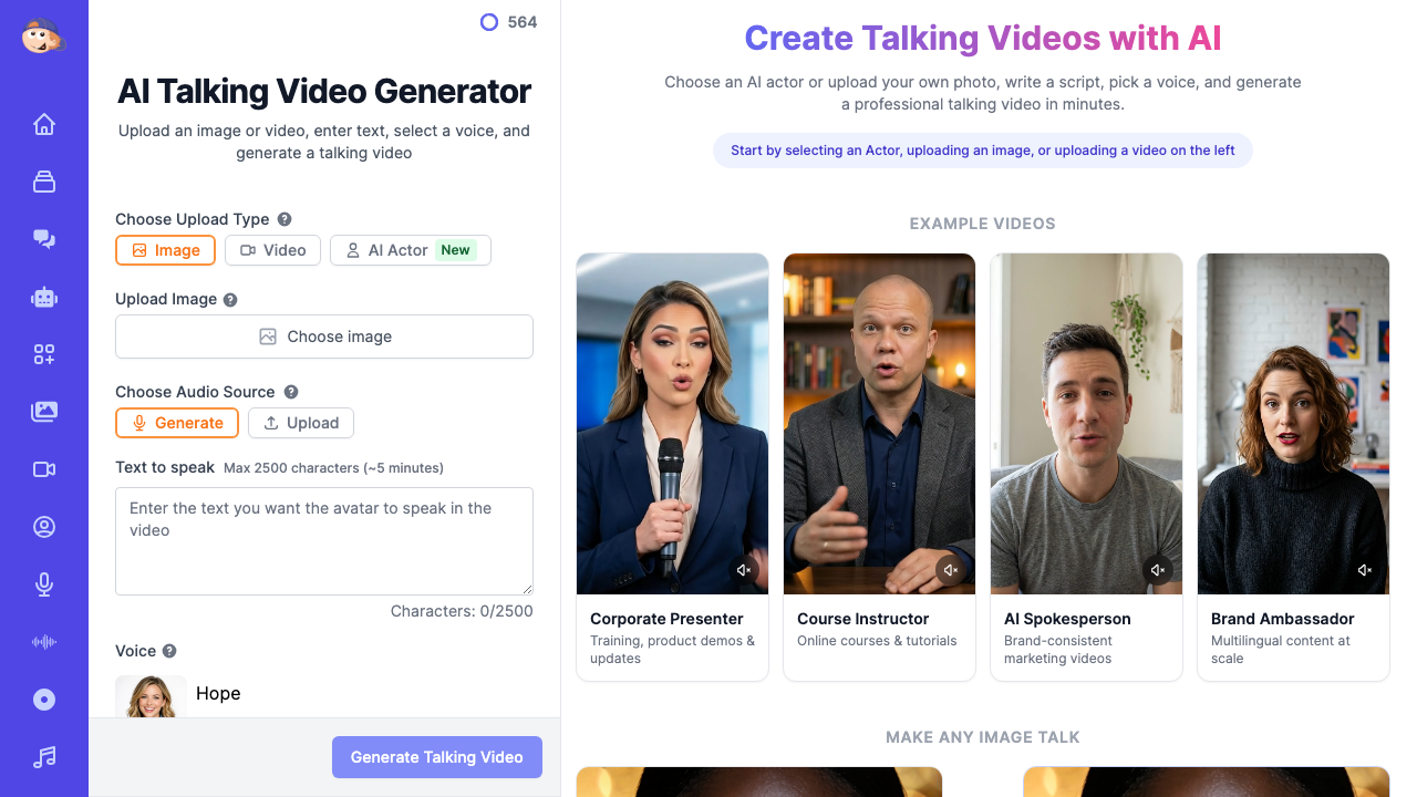 AI Talking Video Generator interface showing text input, voice selection, and pre-made actor thumbnails including Corporate Presenter and Course Instructor
