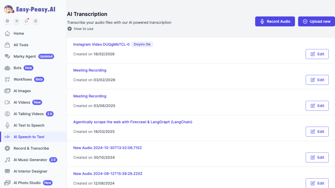 AI Transcription dashboard showing a list of transcribed recordings with Record Audio and Upload new buttons