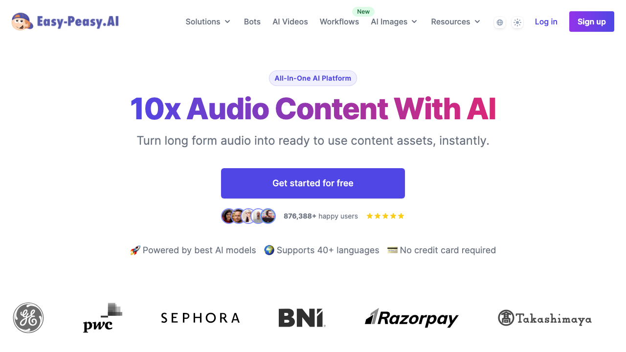 AI Transcription landing page showing 10x Audio Content With AI headline with support for 40 plus languages