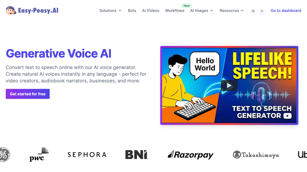 Generative Voice AI landing page showing text to speech generator with lifelike speech capabilities