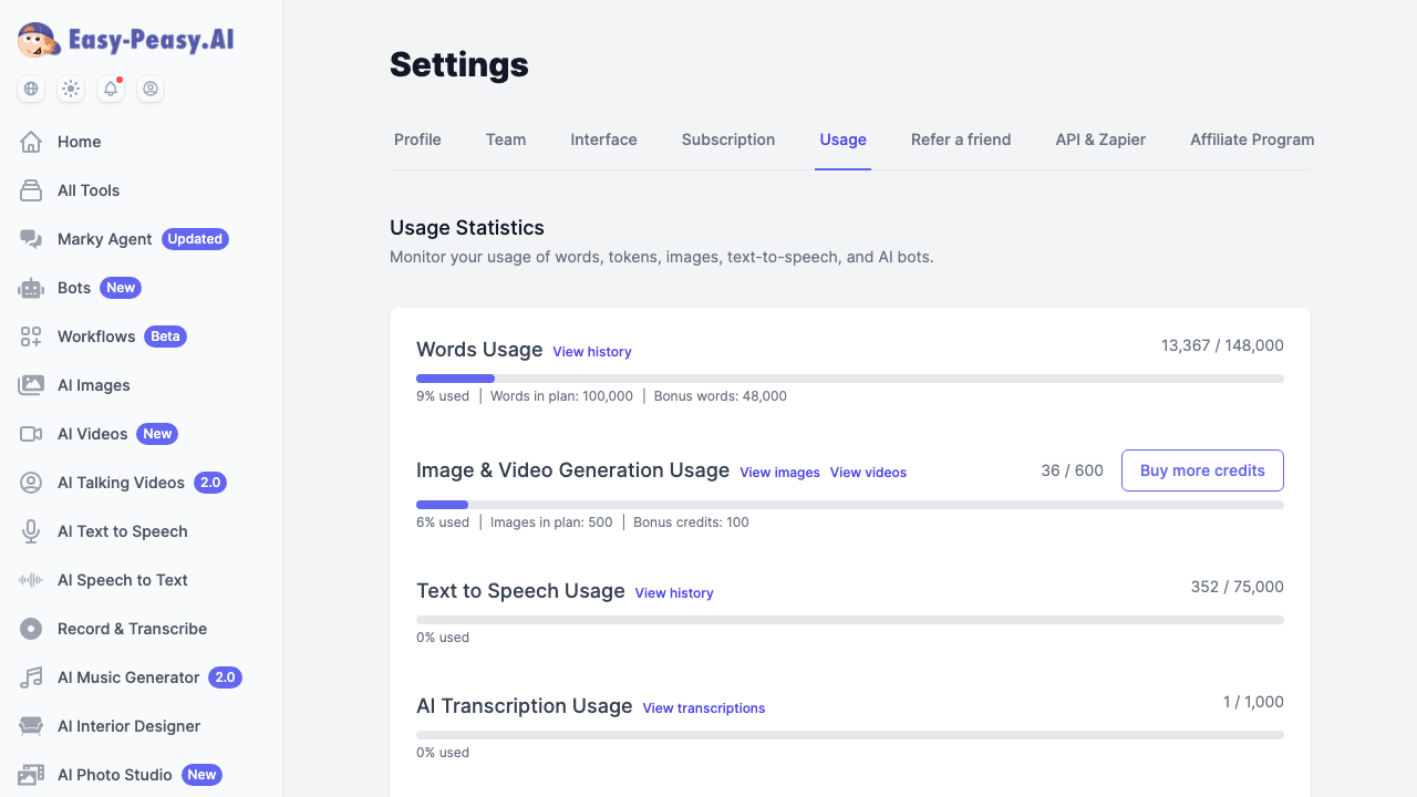 Usage Statistics dashboard showing Words Usage at 9 percent, Image and Video Generation Usage at 6 percent, Text to Speech Usage, and AI Transcription Usage with progress bars