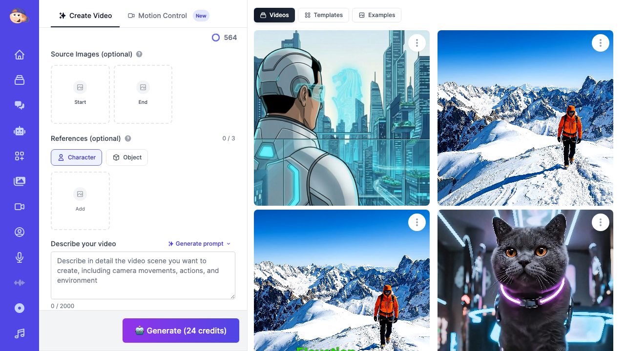 AI Video Generator dashboard showing the text prompt input, reference image options, and a gallery of generated video thumbnails