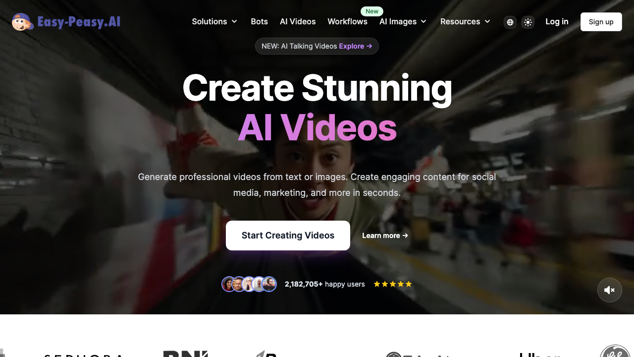 AI Video Generator landing page with Create Stunning AI Videos headline over a dynamic background