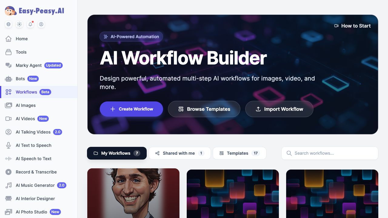 AI Workflow Builder dashboard showing Create Workflow, Browse Templates, and Import Workflow buttons with example workflow cards