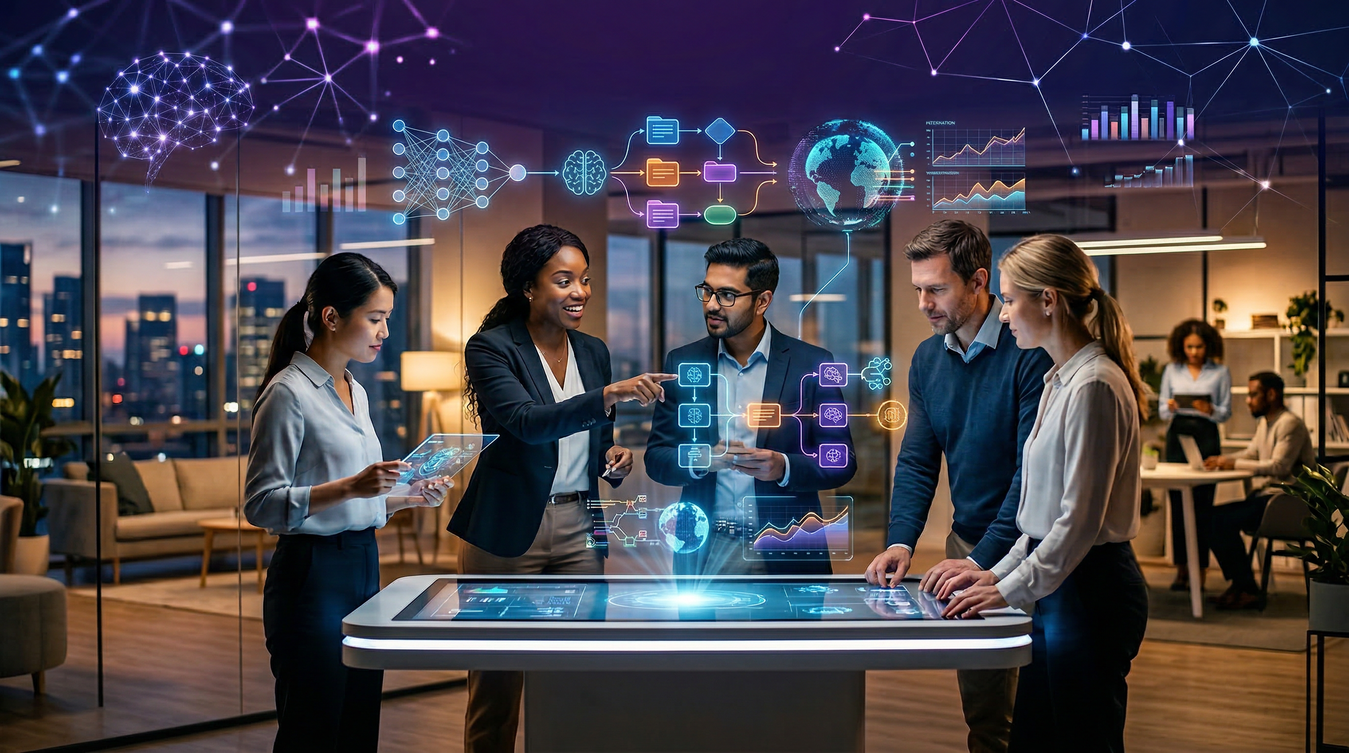 Diverse team collaborating around AI-powered interfaces and data visualizations in a modern office