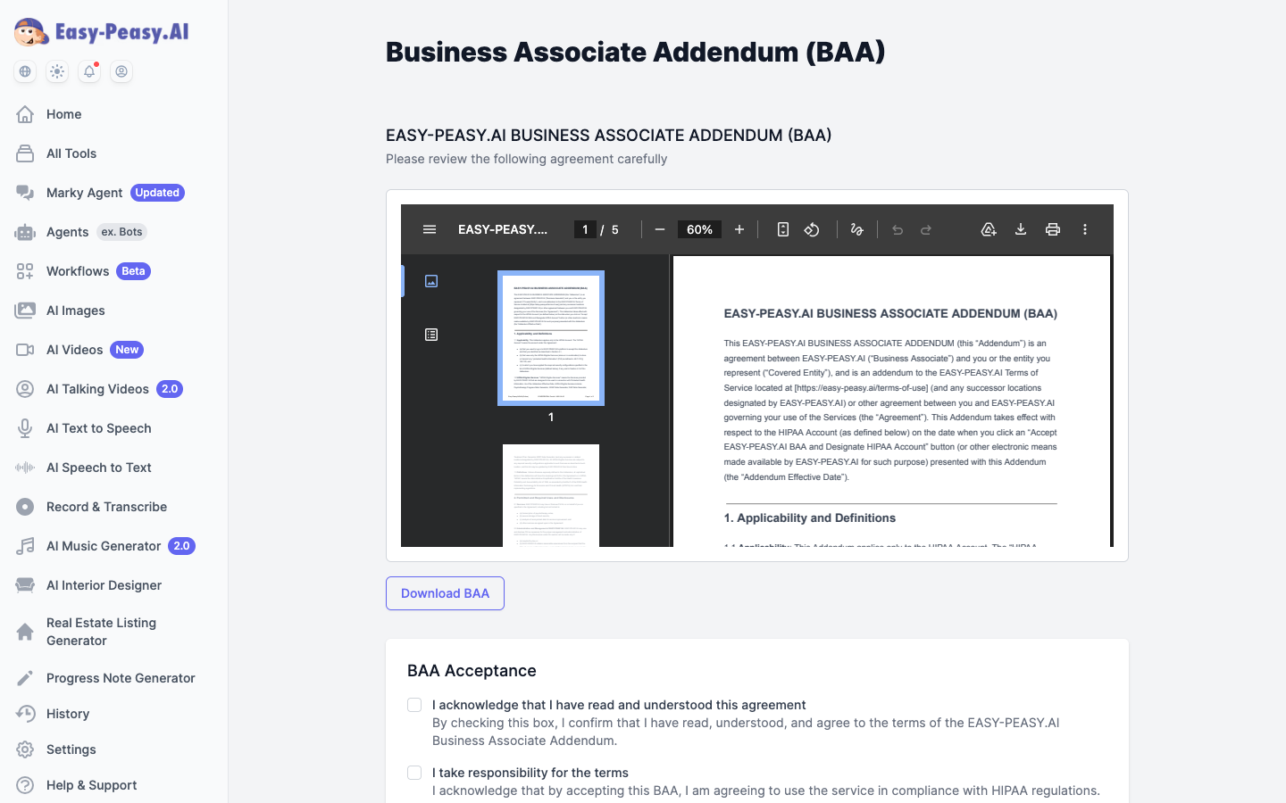 Easy-Peasy.AI Business Associate Agreement page where clinicians can review, sign and download the BAA