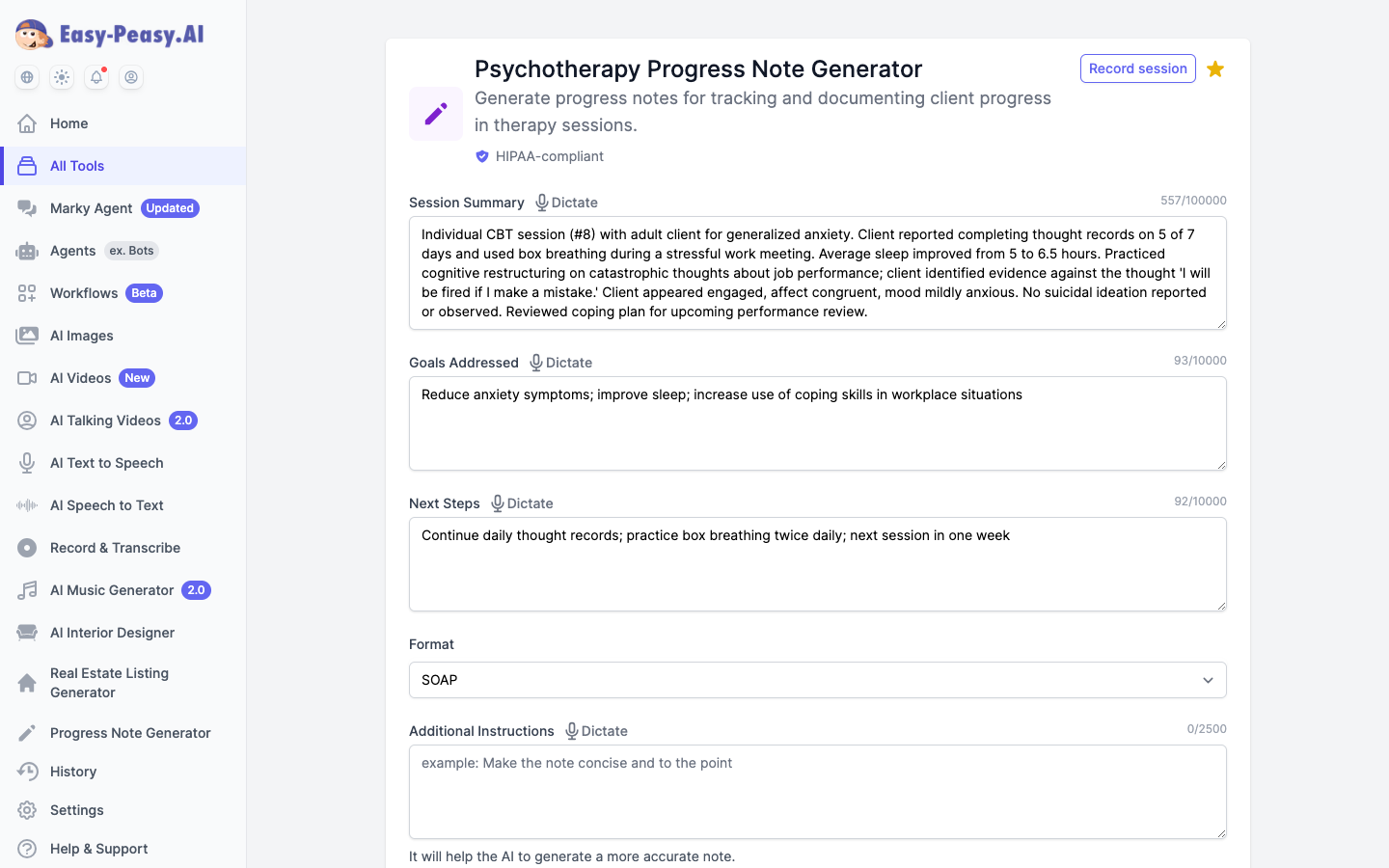 AI Psychotherapy Progress Note Generator form with session summary, goals, format dropdown and HIPAA-compliant badge