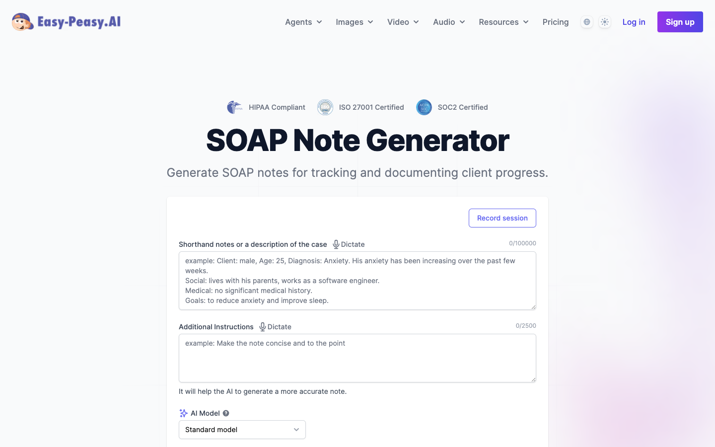 SOAP Note Generator page showing HIPAA Compliant, ISO 27001 and SOC2 certification badges