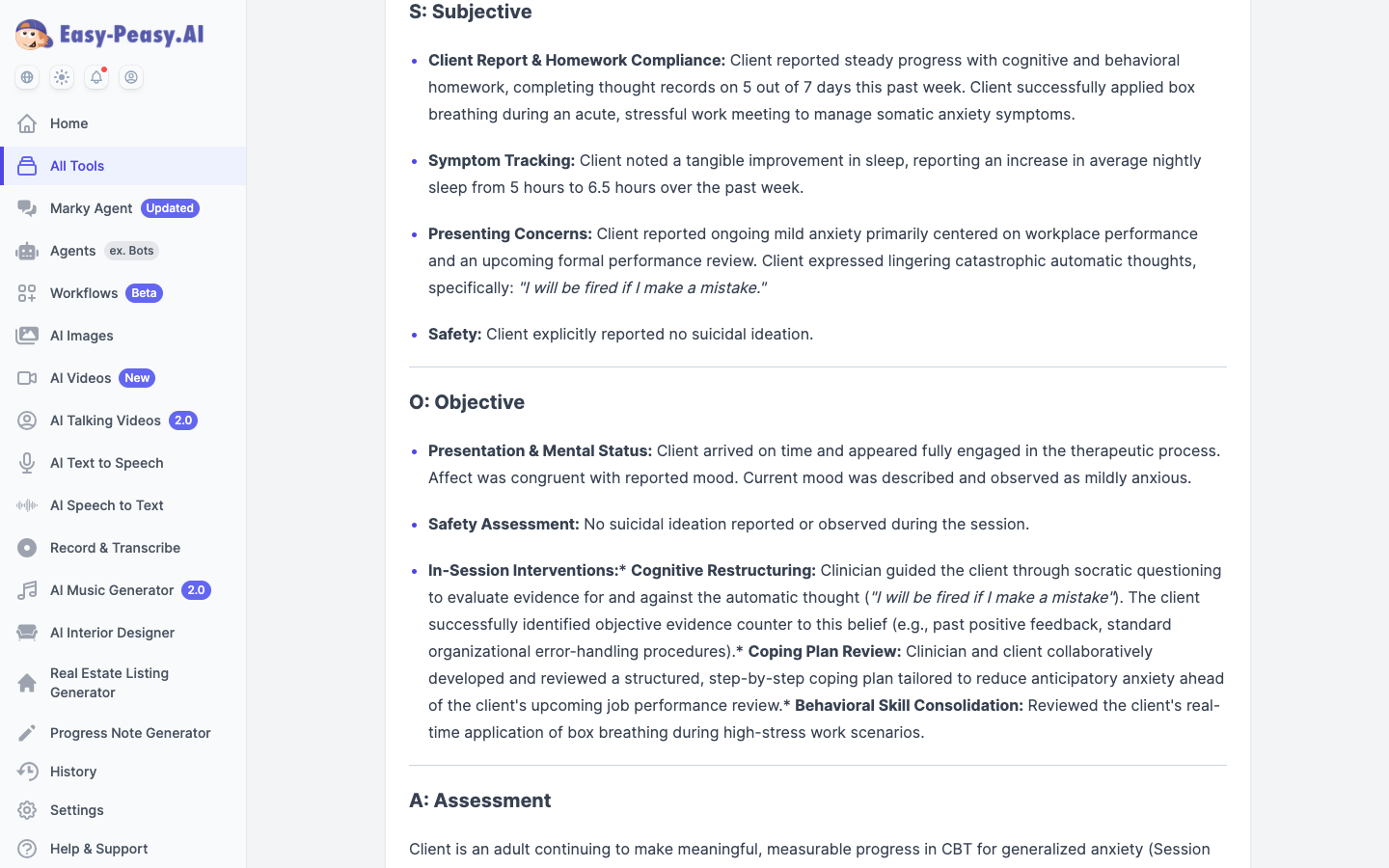 AI-generated SOAP note example for a CBT therapy session showing Subjective, Objective and Assessment sections