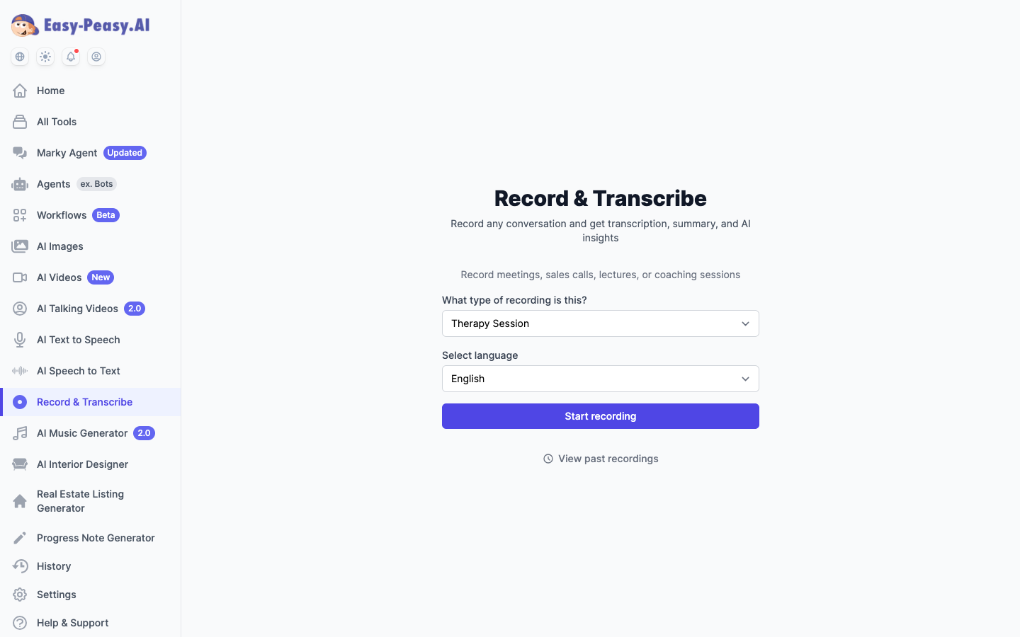AI Note Taker with Therapy Session recording type selected for automatic therapy progress notes