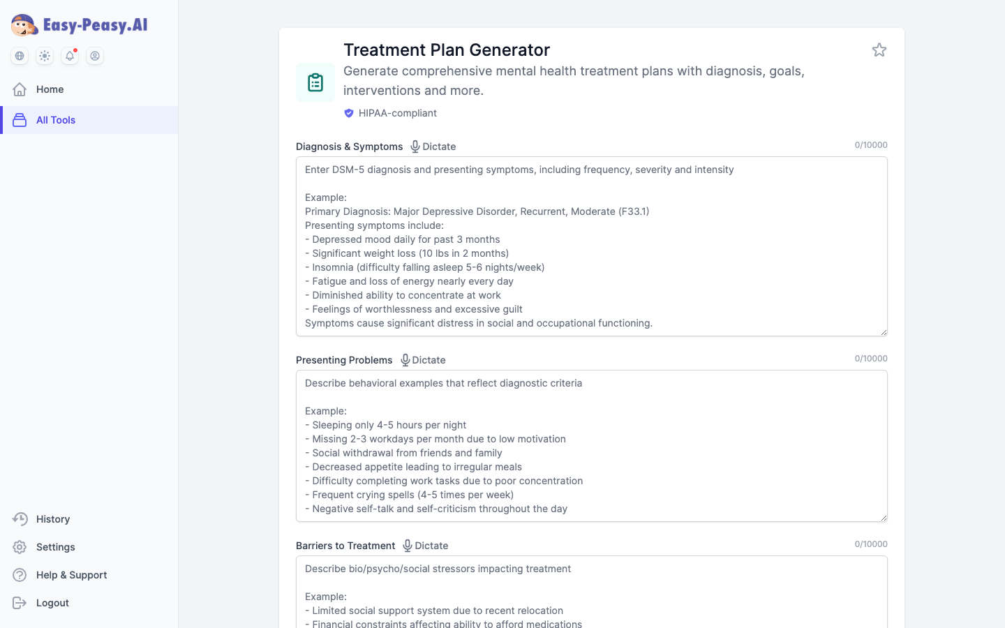 AI Treatment Plan Generator with DSM-5 diagnosis, presenting problems and medical necessity fields