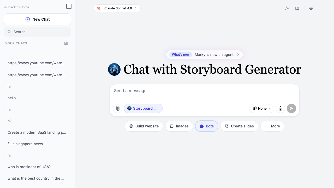 Chat interface showing Chat with Storyboard Generator heading and the bot badge in the message input area