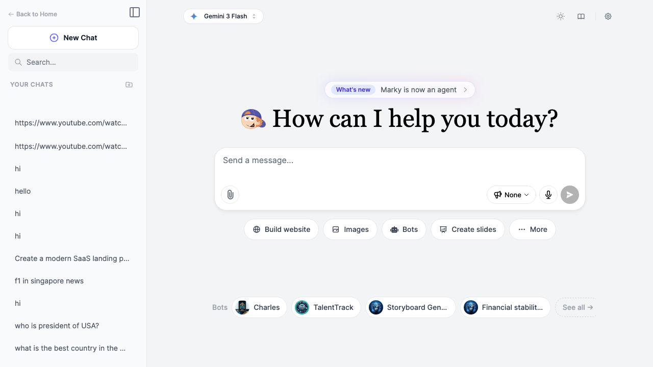 Easy-Peasy.AI Marky Agent chat homepage showing the Storyboard Generator bot in the featured bots row at the bottom