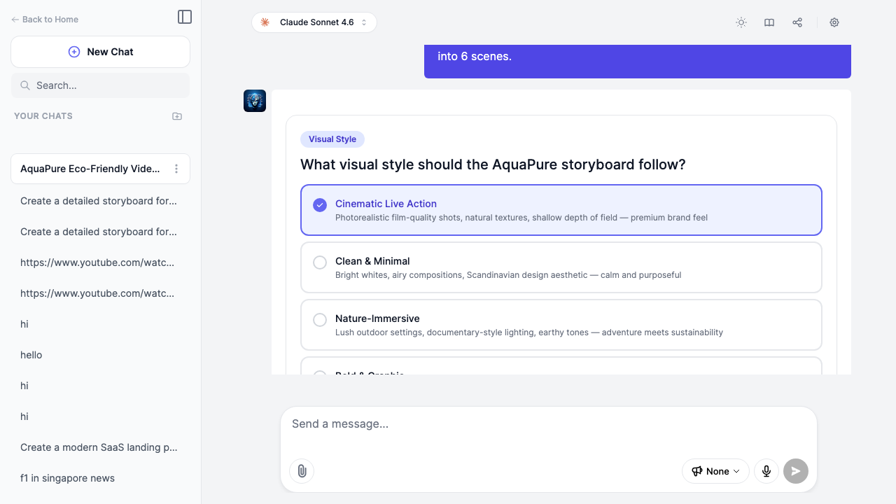 Storyboard Generator showing Visual Style selection with Cinematic Live Action chosen, showing four style options with descriptions