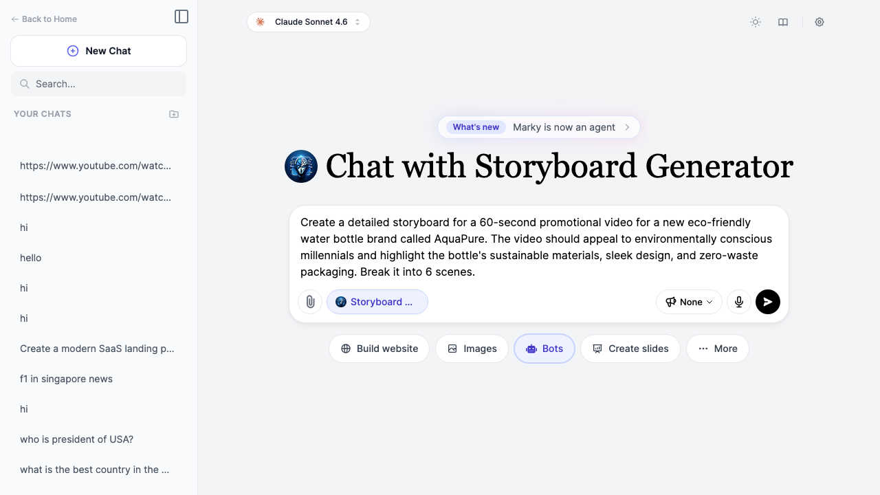 Storyboard Generator chat with a detailed prompt about creating a 60-second AquaPure promotional video storyboard