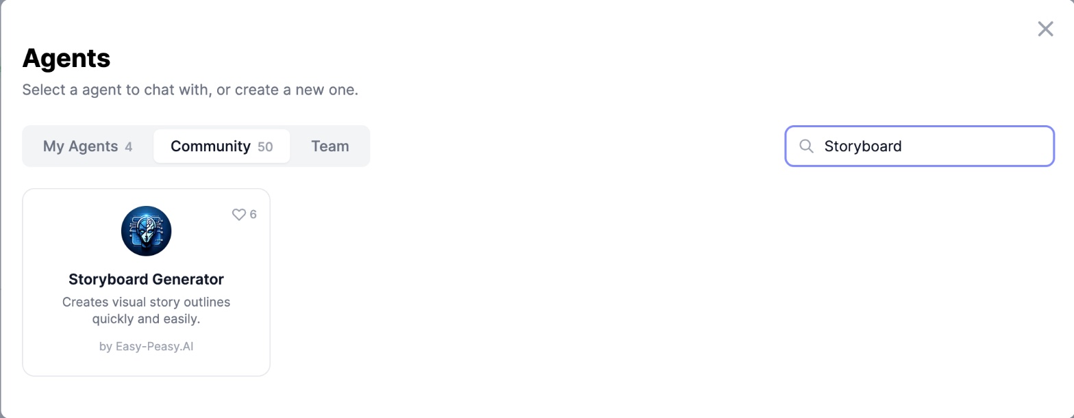 Agents window in Marky Agent on the Community tab, searched for storyboard, showing the Storyboard Generator agent