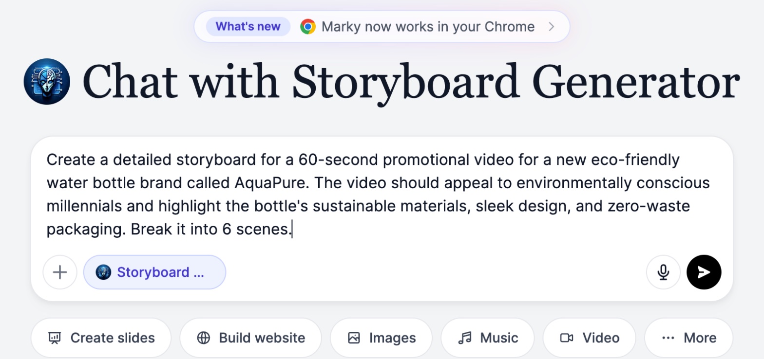 Storyboard Generator selected in Marky Agent with a prompt for a 60-second AquaPure water bottle storyboard typed in the message box