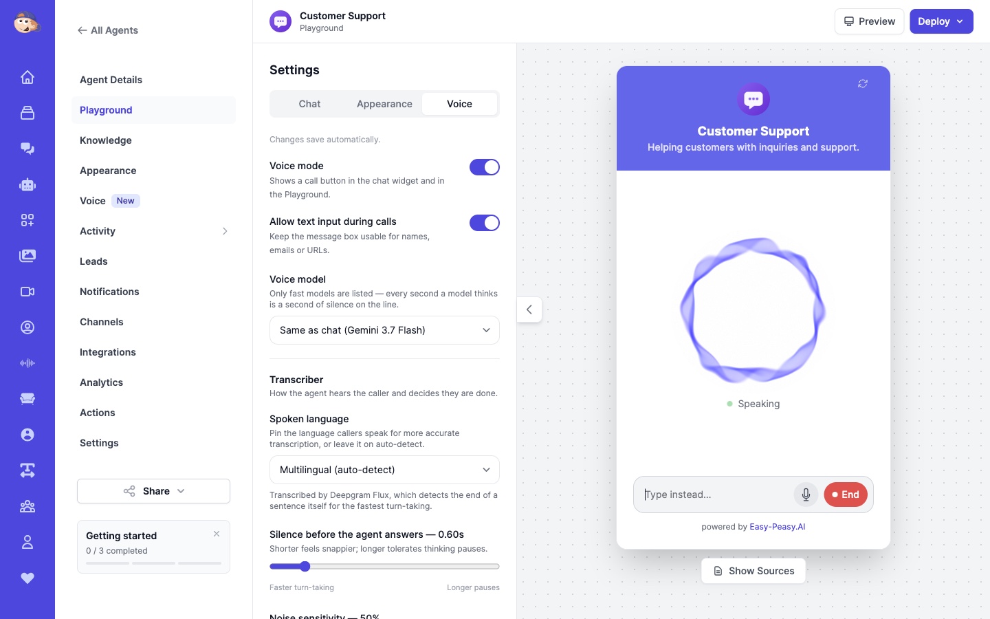 Voice chatbot call in progress showing the animated aura in the Speaking state with Mute and End buttons