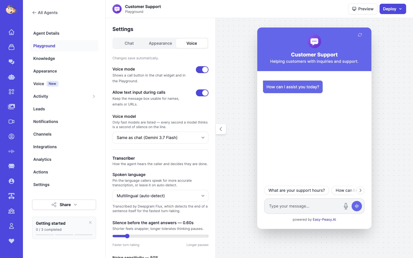 AI voice agent settings in the Easy-Peasy.AI Playground Voice tab next to a live chat widget preview
